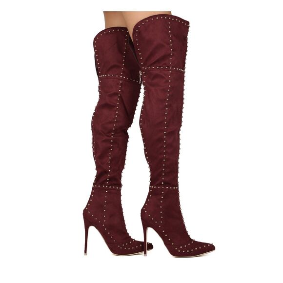 MACKIN J 181-1 Maroon Faux Suede Thigh High Pointy Toe Studded Stiletto Boot SZ8 - Picture 1 of 12